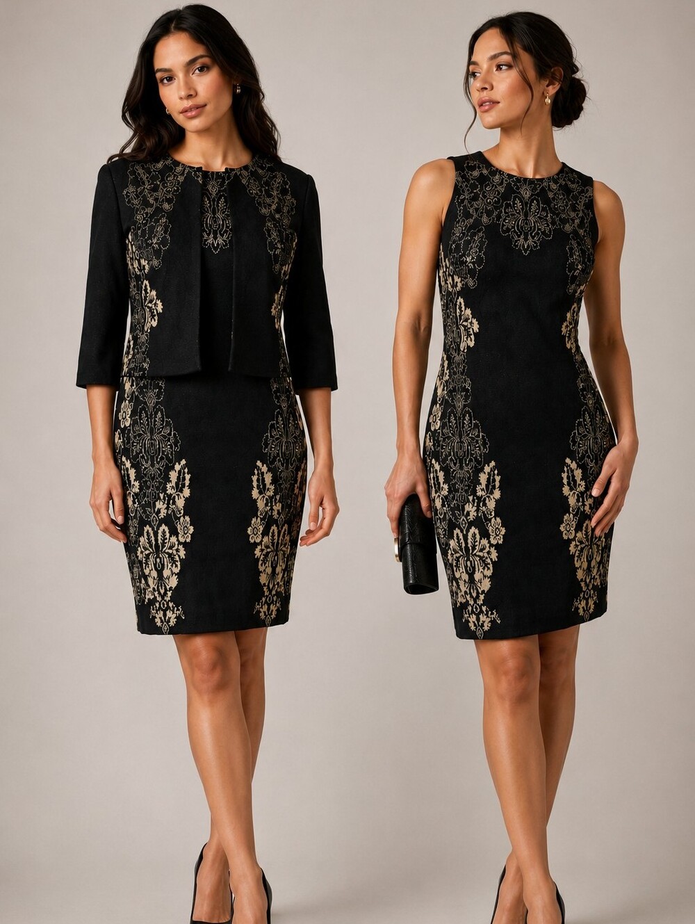 St. John Black & Metallic Floral Knit Dress Set Size 10